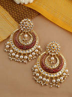 Shoshaa Red & Off-White Kundan Studded & Beaded Crescent Shaped Chandbalis | Grocsy