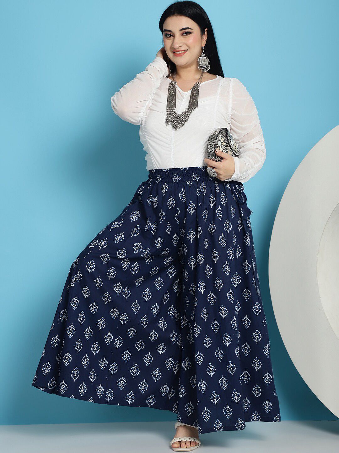 TAG 7 Plus Size Floral Block Printed Flared Pure Cotton Ethnic Palazzos | Grocsy