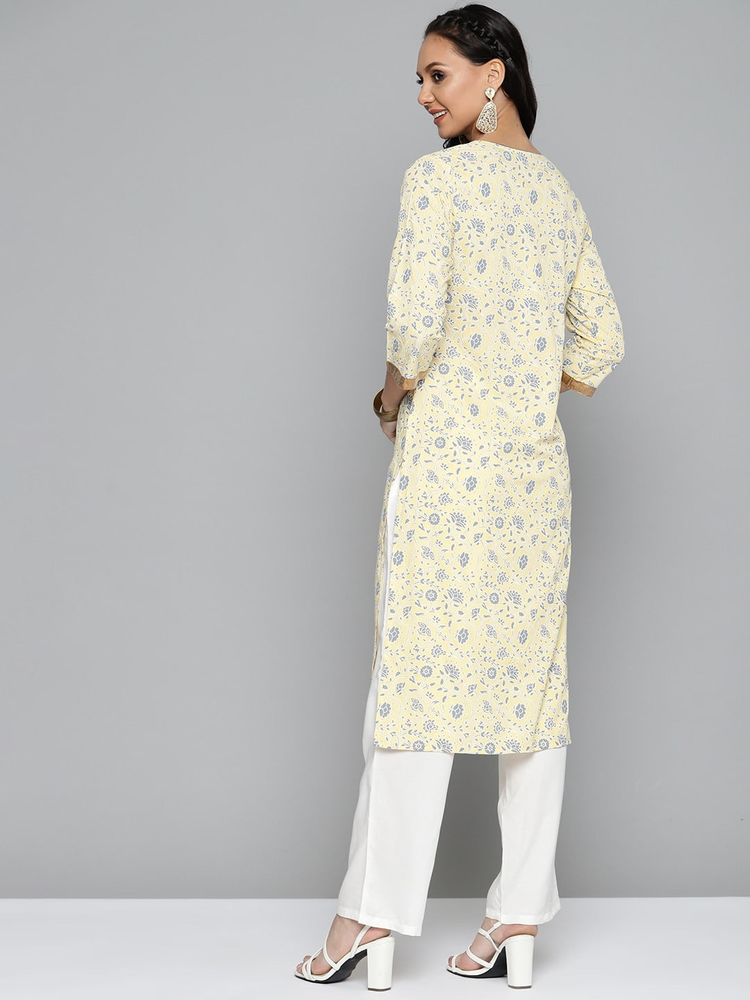 HERE&NOW Women Yellow & Grey Ethnic Motifs Printed Kurta with Trousers | Grocsy