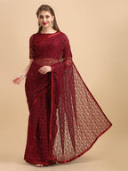 Sangria Maroon Floral Self Design Lace Saree | Grocsy