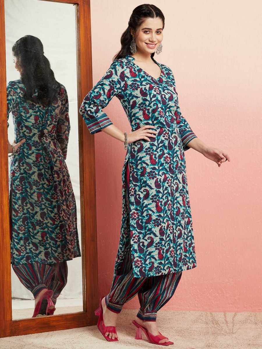 Aks Floral Printed V-Neck Pure Cotton Kurta with Salwar | Grocsy