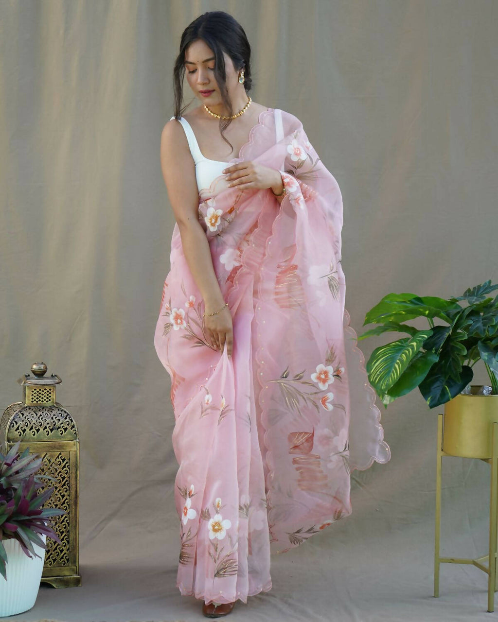 Vamsee Peach Organza Saree | Grocsy