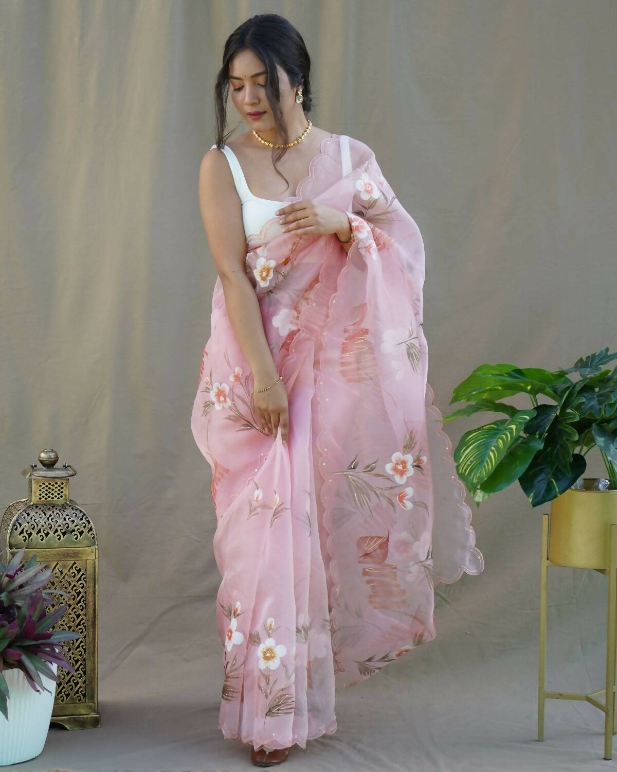 Vamsee Peach Organza Saree | Grocsy