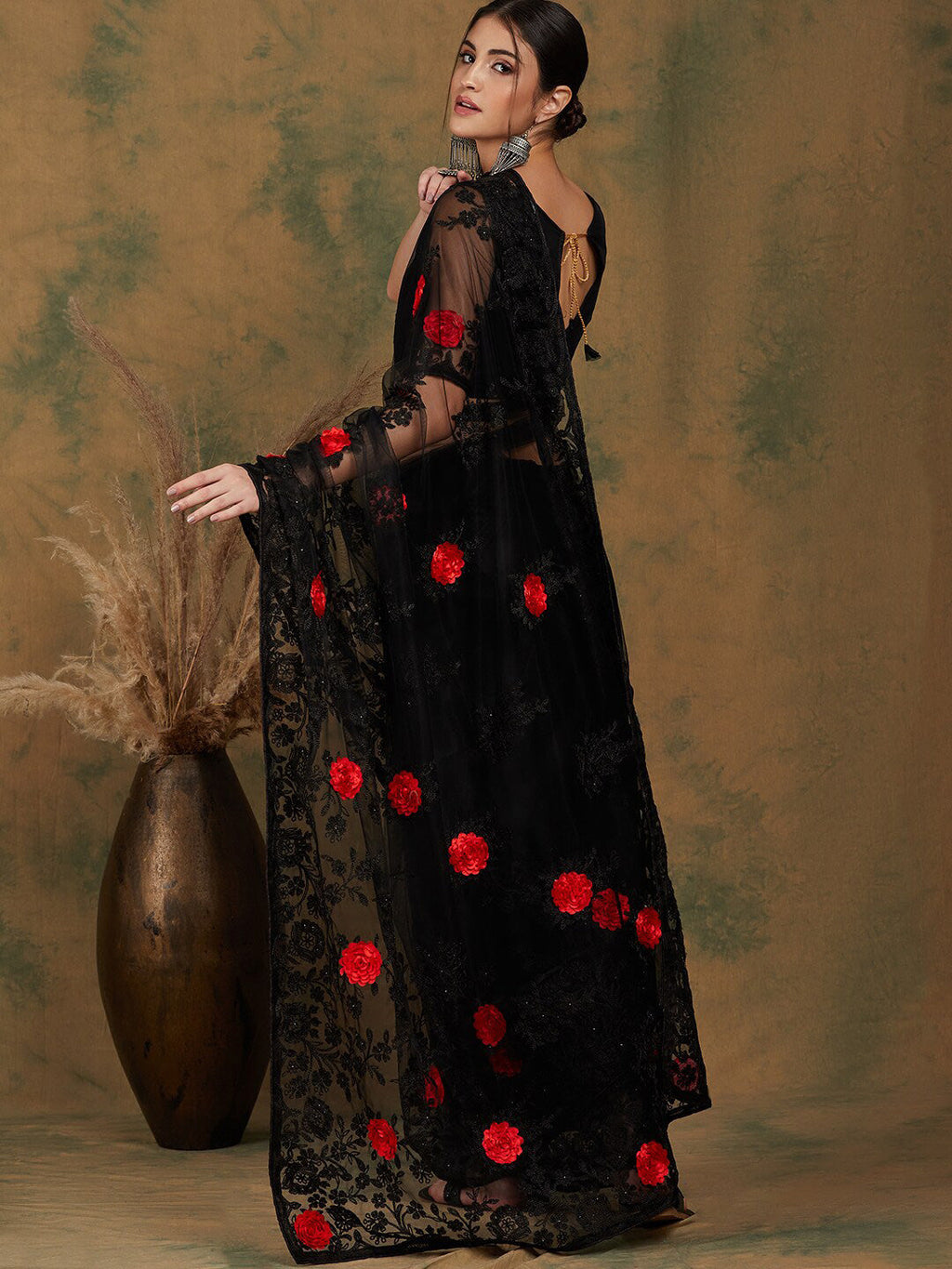 Sangria Black Floral Embroidered Saree | Grocsy