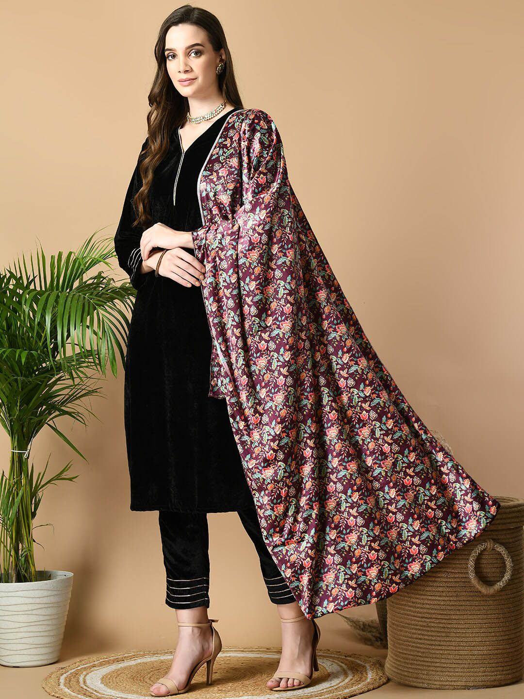 Sangria Maroon V-Neck Straight Velvet Kurta with Trousers With Dupatta | Grocsy