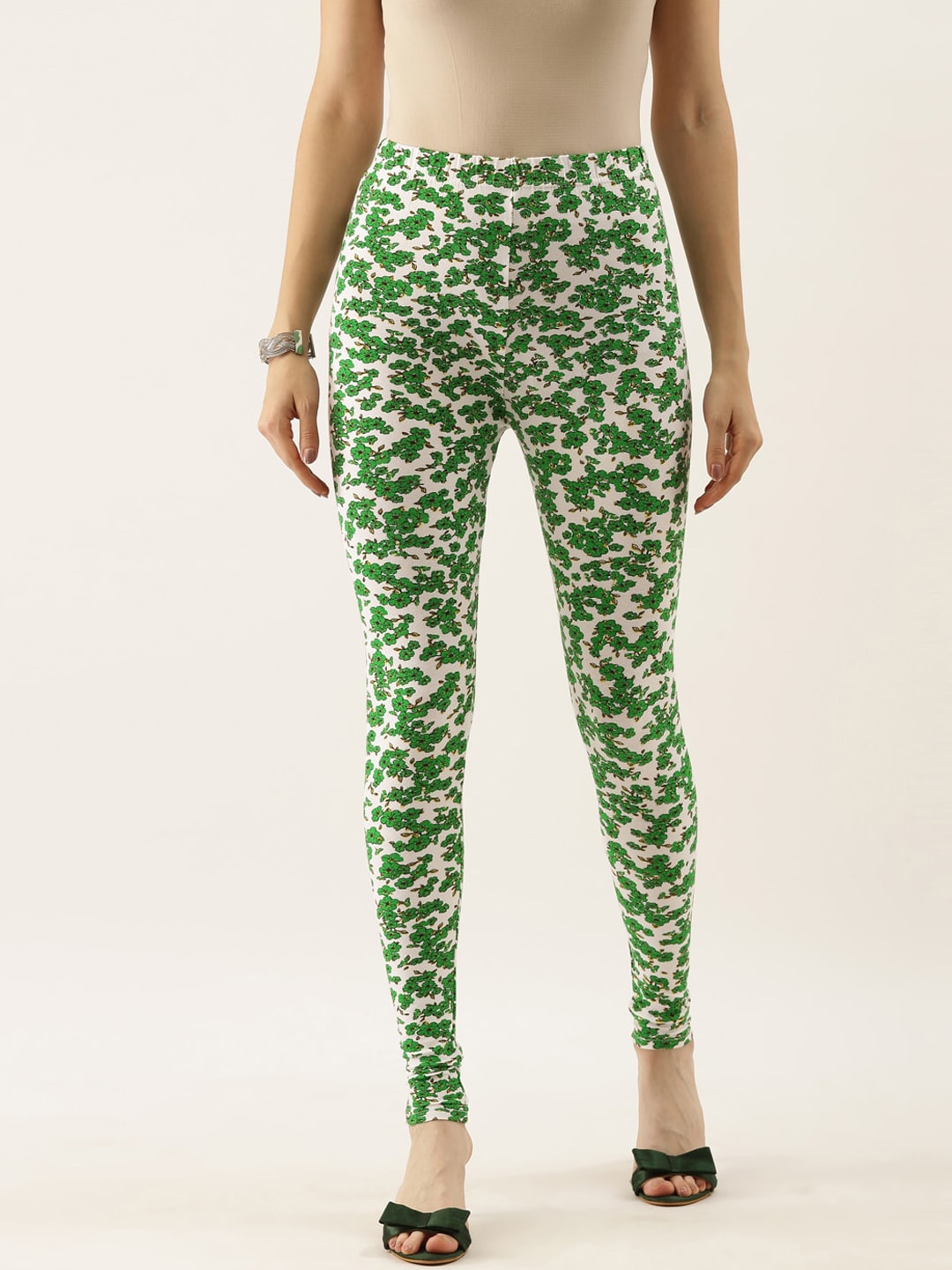Souchii White & Green Printed Ankle-Length Leggings | Grocsy