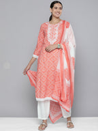HERE&NOW Women Orange Ethnic Motifs Embroidered Pure Cotton Kurta with Trousers & With Dupatta | Grocsy