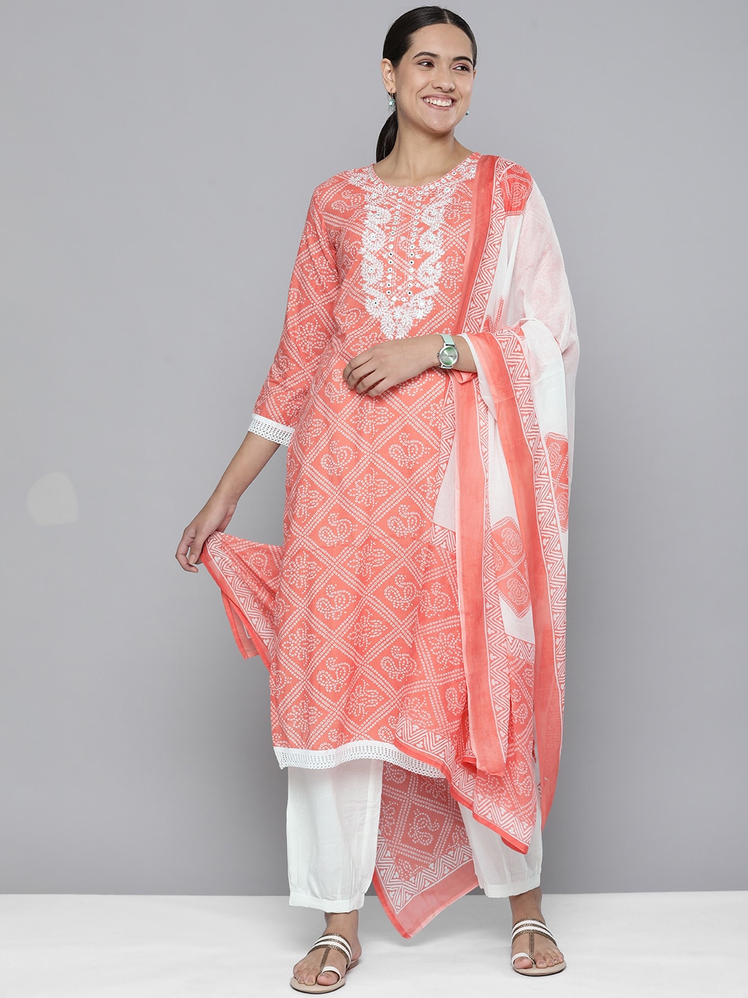 HERE&NOW Women Orange Ethnic Motifs Embroidered Pure Cotton Kurta with Trousers & With Dupatta | Grocsy