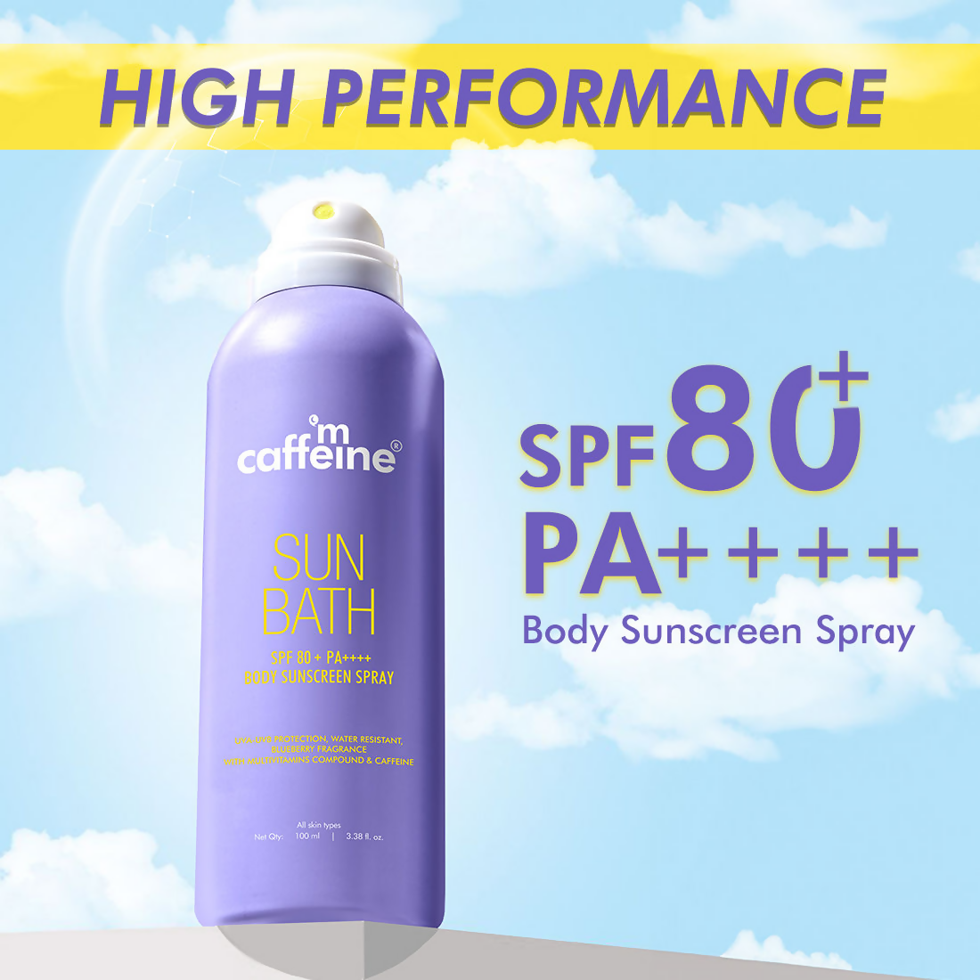 mCaffeine Sun Bath SPF 80+ PA ++++ Body Sunscreen Spray | Grocsy