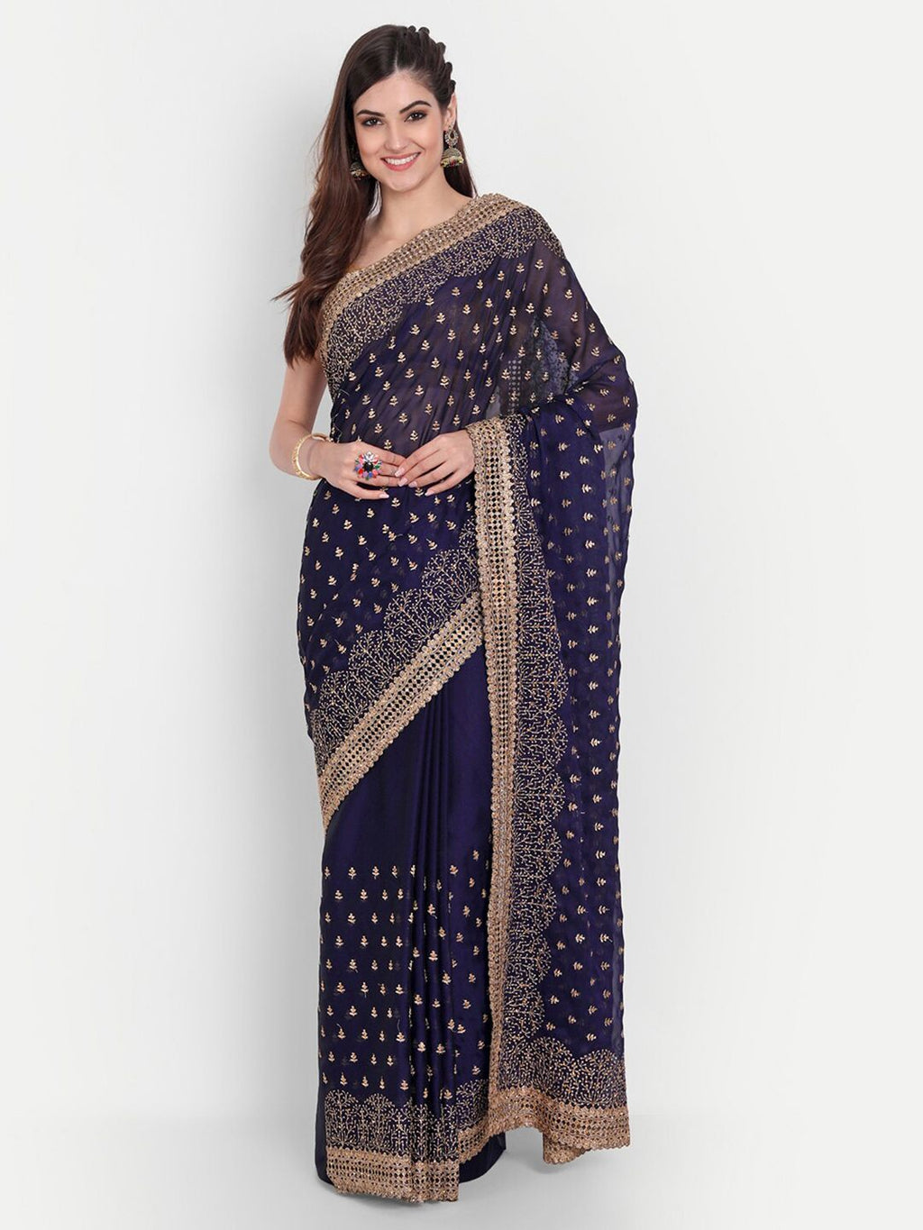 kasee Women Blue & Gold-Toned Floral Embroidered Art Silk Saree | Grocsy
