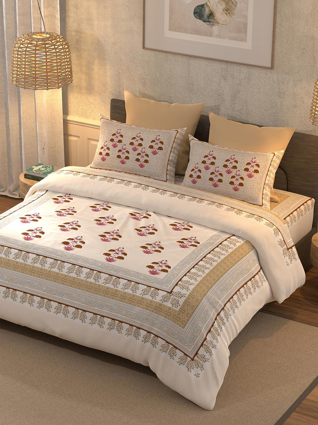 BELLA CASA Grey & Maroon Printed 350 TC Cotton King Bedsheet With 2 Pillow Covers | Grocsy