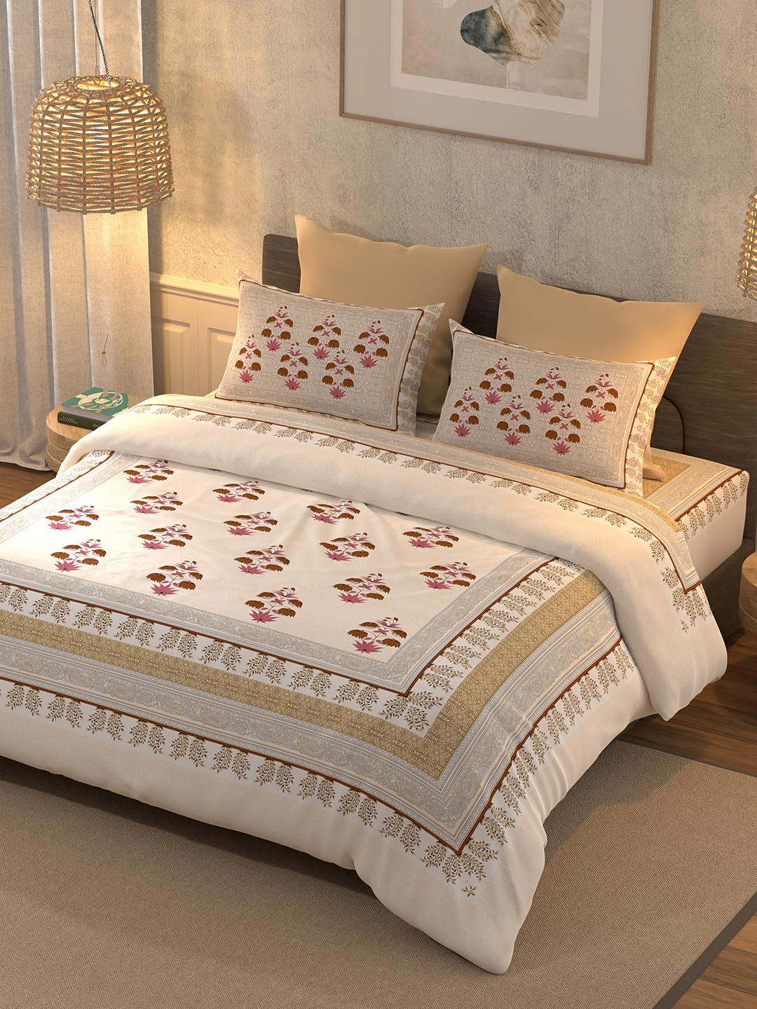 BELLA CASA Grey & Maroon Printed 350 TC Cotton King Bedsheet With 2 Pillow Covers | Grocsy