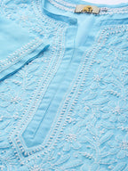 ADA Women Blue & White Chikankari Embroidered Sheer Straight Sustainable Handloom Kurta | Grocsy