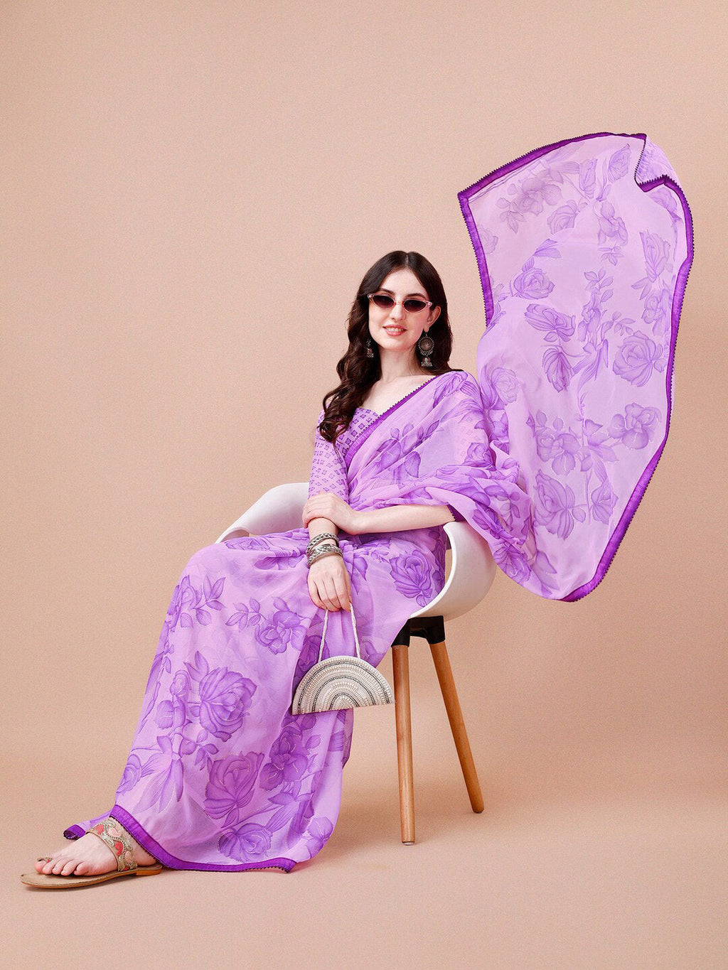 Sangria Purple Floral Printed Pure Chiffon Saree | Grocsy