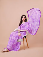Sangria Purple Floral Printed Pure Chiffon Saree | Grocsy