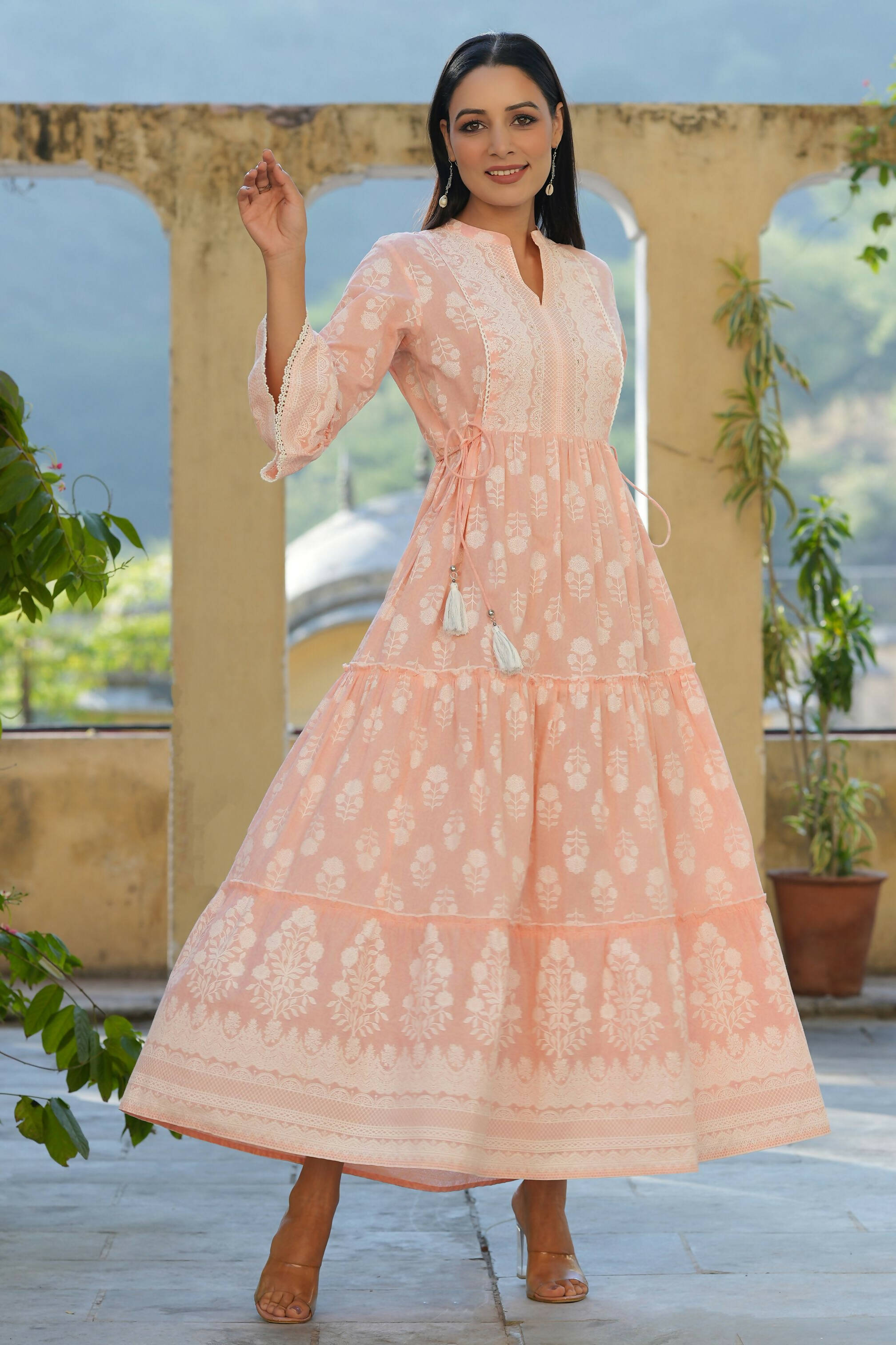 Juniper Women's Peach Cambric Floral Printed Maxi Tiered Dress | Grocsy