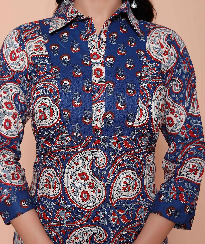 Miravan Womens Cotton Floral Printed Shirt-Collar Straight Kurta And Palazzo Set | Grocsy