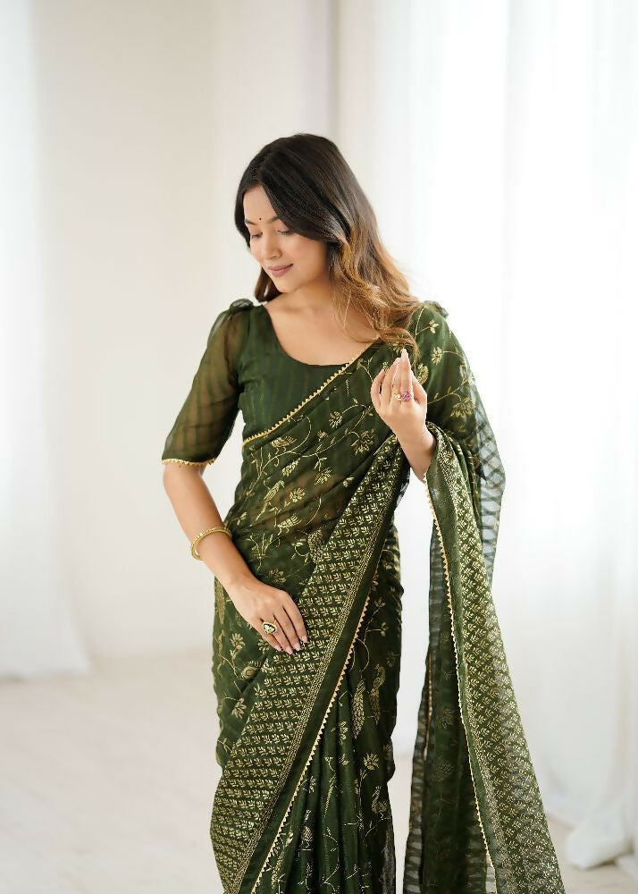 PR Fashion Mehendi Georgette Patta Plain With Foil Work And Small Lace And Zalar Lace Saree | Grocsy