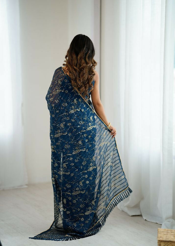 PR Fashion Morpich Georgette Patta Plain With Foil Work And Small Lace And Zalar Lace Saree | Grocsy