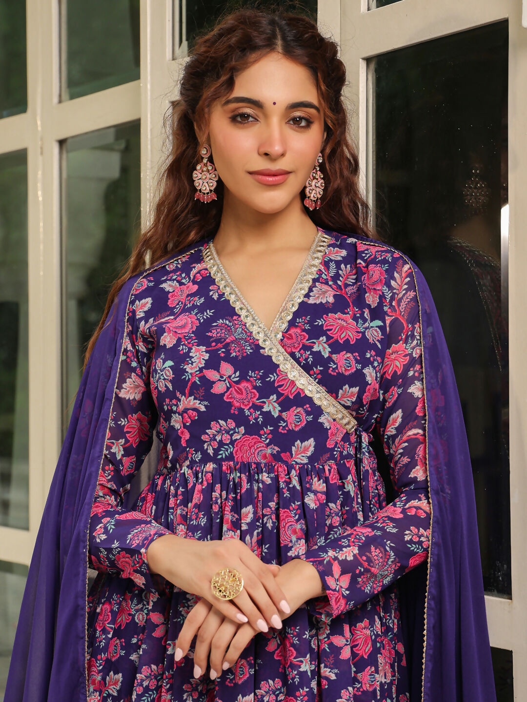 Janasya Purple Georgette Floral Kurta,Bottom & Dupatta | Grocsy