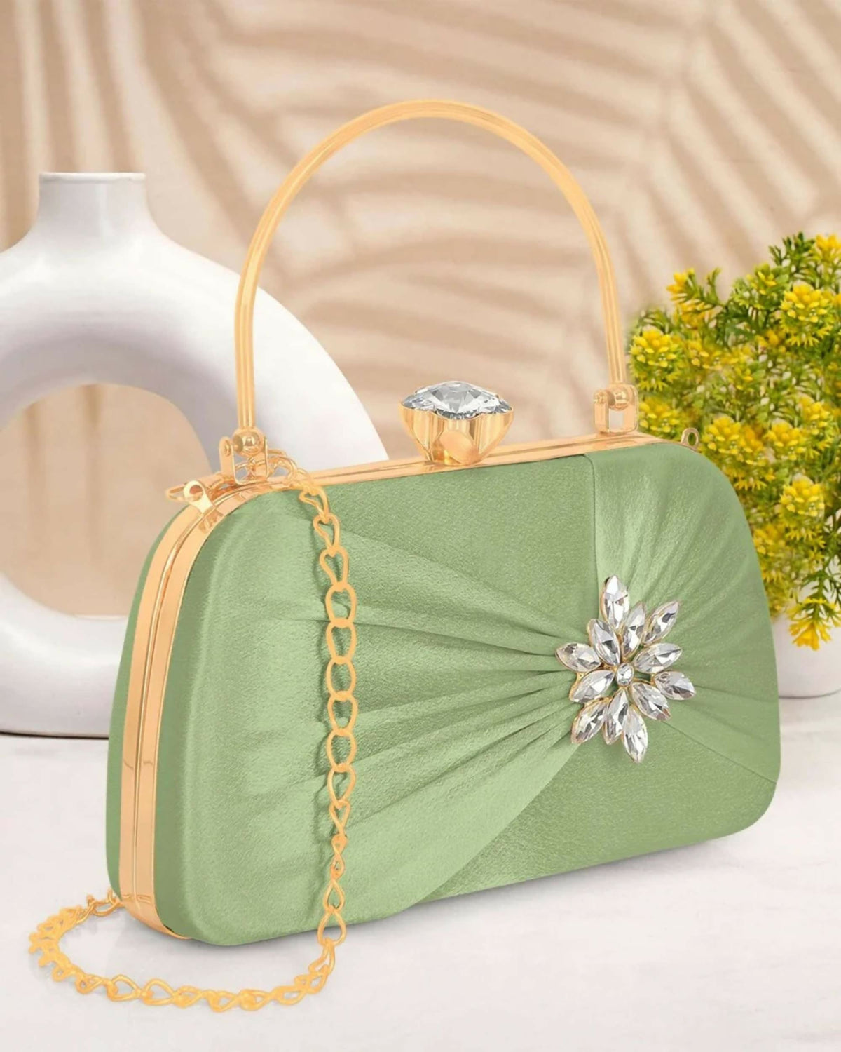 Joban Fashion Luxurious Satin Evening Clutch With Detachable Chain Strap - C Green | Grocsy
