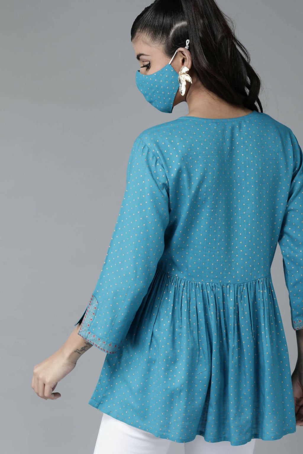 Juniper Women Skyblue Rayon Slub Polka Print Peplum Tunic | Grocsy
