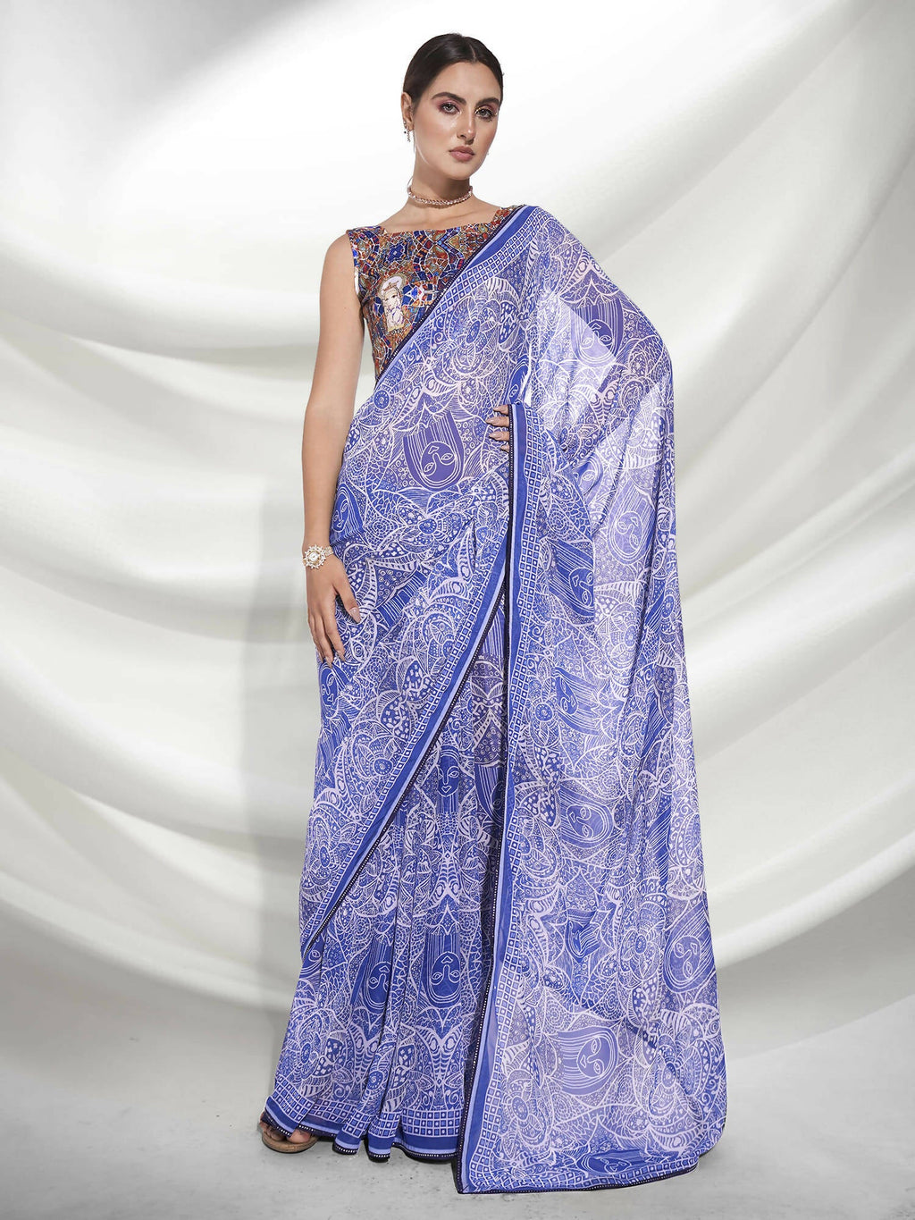 Blue Georgette Floral Printed Saree With Unstitched Blouse Piece - Rajal | Grocsy