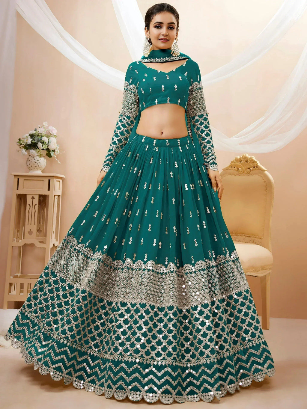 Tulsi Art Spectacular Teal Blue Zari Work Georgette Wedding Wear Lehenga Choli | Grocsy