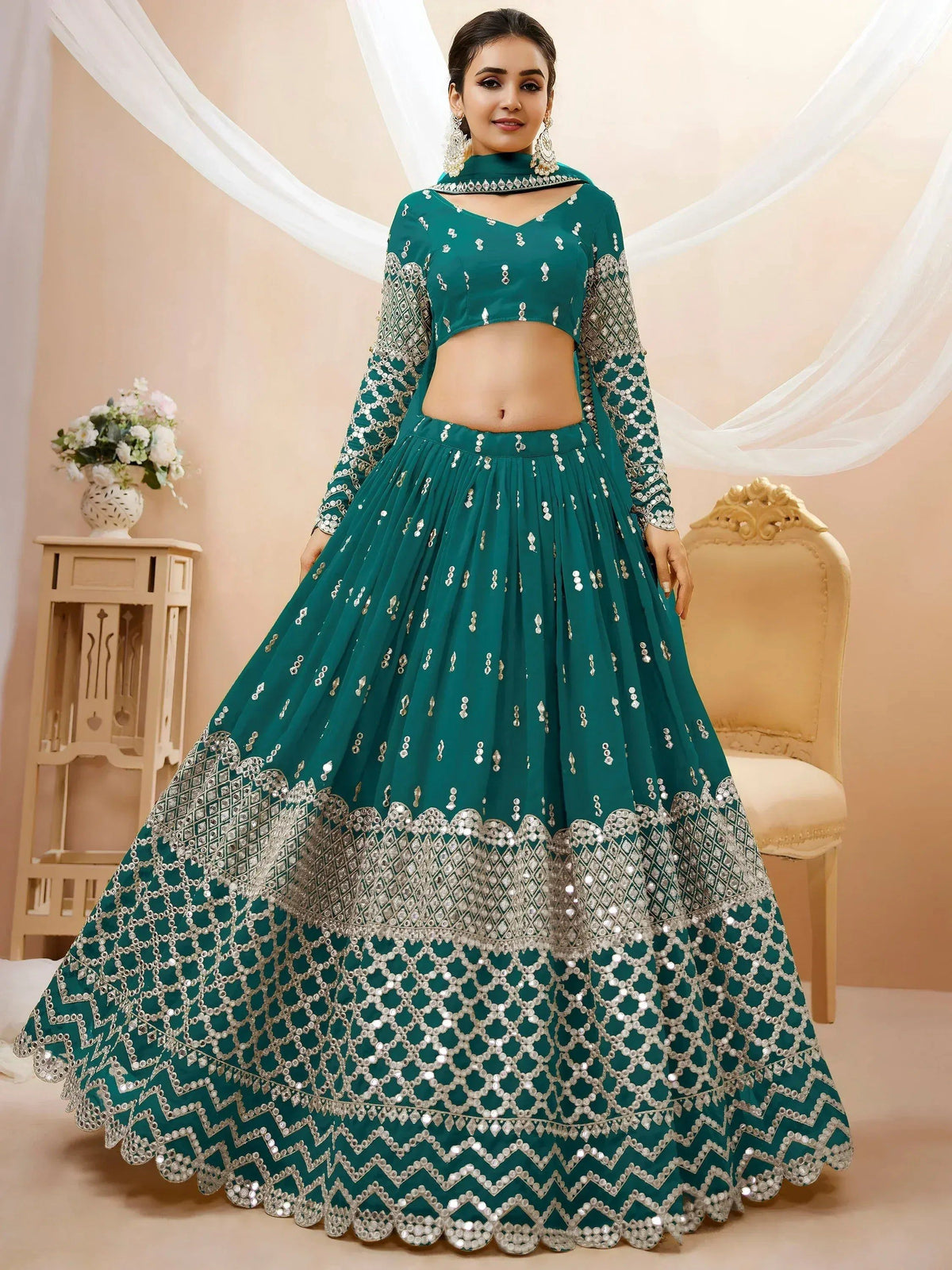 Tulsi Art Spectacular Teal Blue Zari Work Georgette Wedding Wear Lehenga Choli | Grocsy