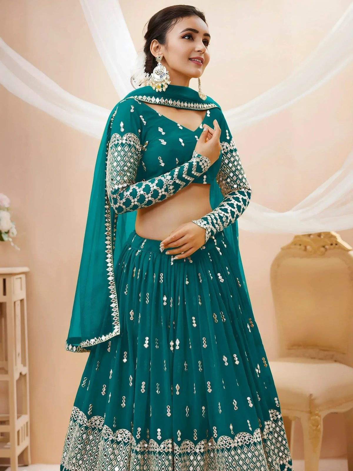 Tulsi Art Spectacular Teal Blue Zari Work Georgette Wedding Wear Lehenga Choli | Grocsy