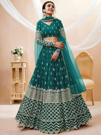 Tulsi Art Spectacular Teal Blue Zari Work Georgette Wedding Wear Lehenga Choli | Grocsy