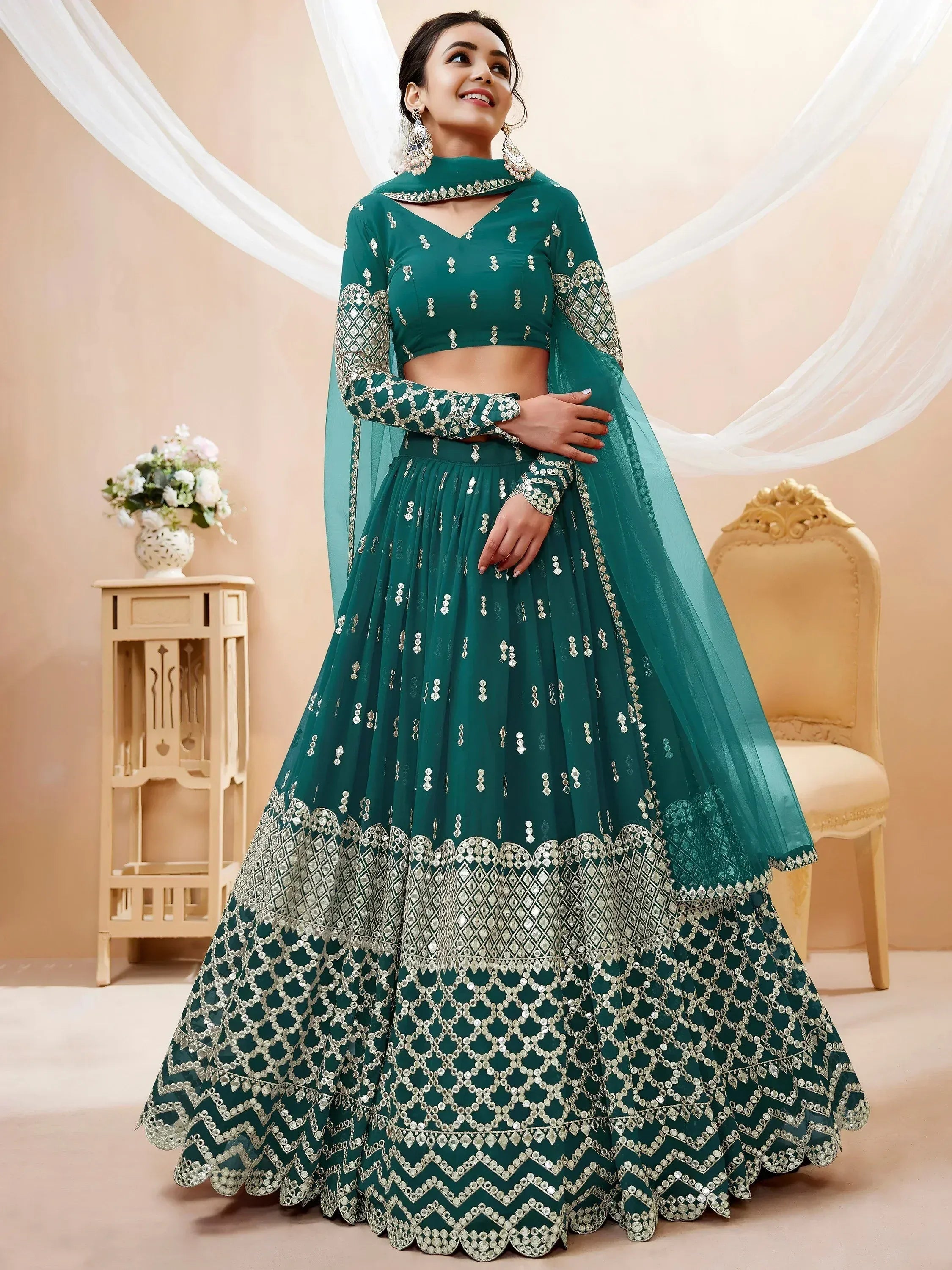 Tulsi Art Spectacular Teal Blue Zari Work Georgette Wedding Wear Lehenga Choli | Grocsy