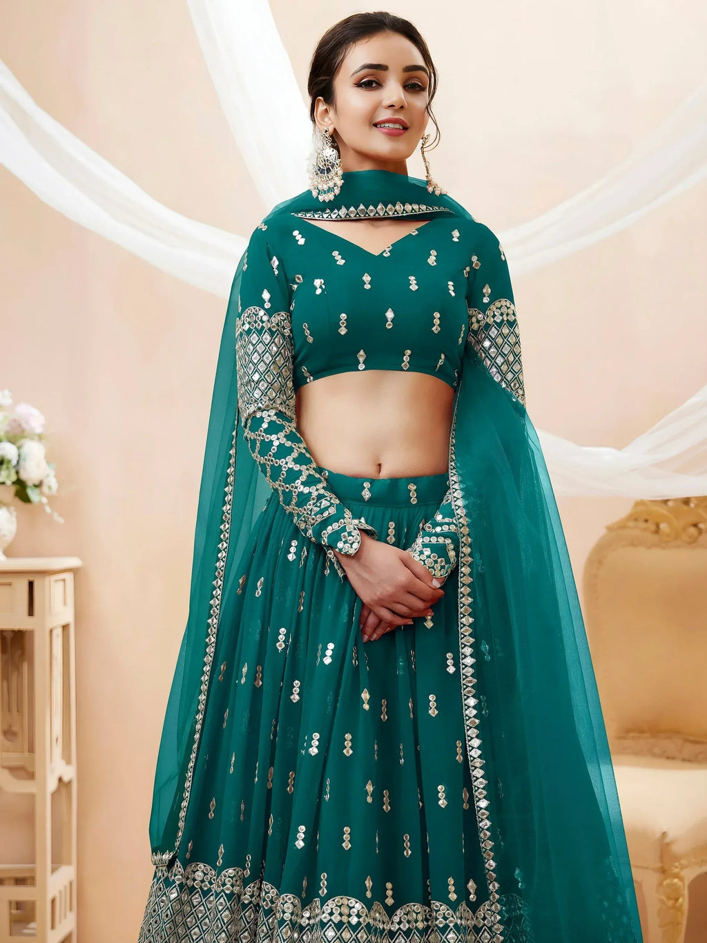 Tulsi Art Spectacular Teal Blue Zari Work Georgette Wedding Wear Lehenga Choli | Grocsy