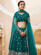 Tulsi Art Spectacular Teal Blue Zari Work Georgette Wedding Wear Lehenga Choli | Grocsy