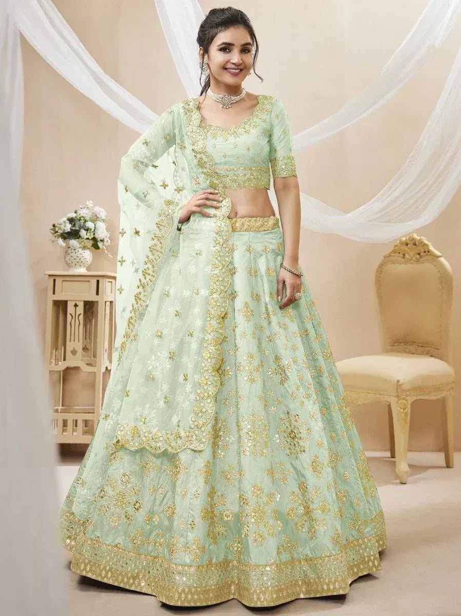 Tulsi Art Pista Green Paper Mirror Mulberry Silk Wedding Wear Lehenga Choli | Grocsy