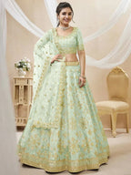Tulsi Art Pista Green Paper Mirror Mulberry Silk Wedding Wear Lehenga Choli | Grocsy