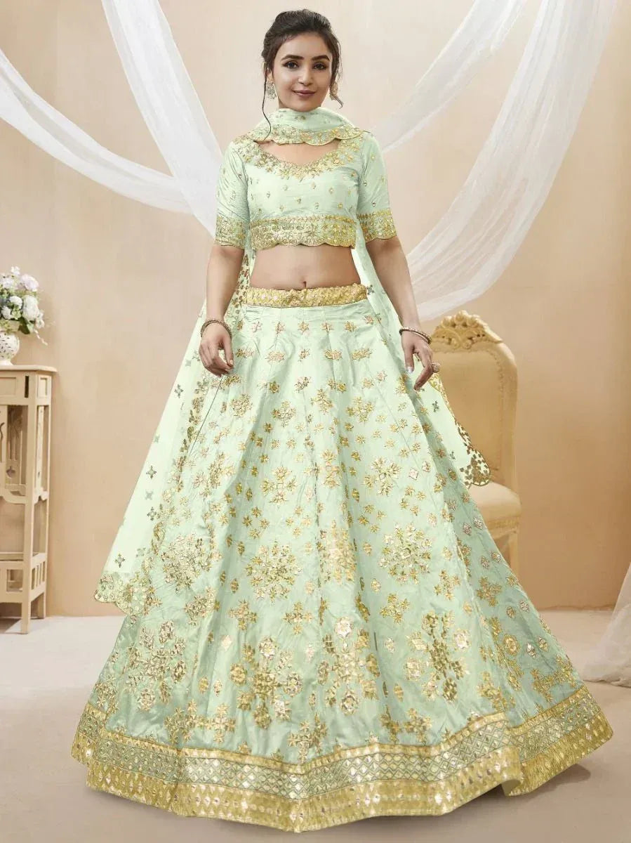 Tulsi Art Pista Green Paper Mirror Mulberry Silk Wedding Wear Lehenga Choli | Grocsy