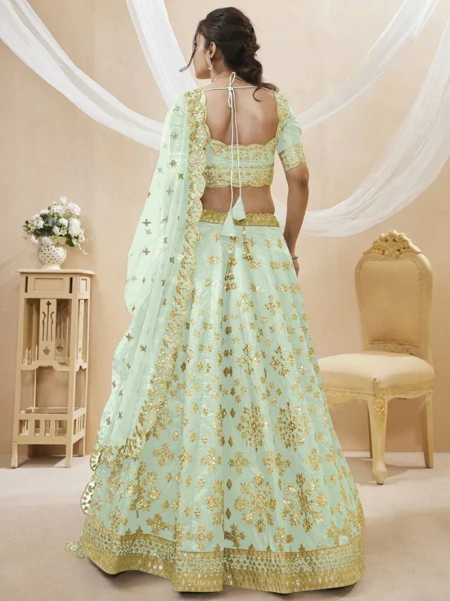 Tulsi Art Pista Green Paper Mirror Mulberry Silk Wedding Wear Lehenga Choli | Grocsy