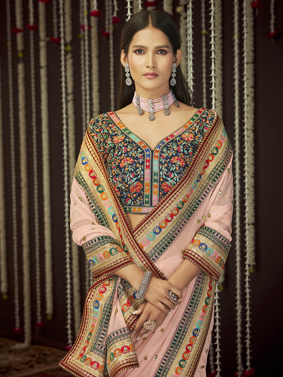 Myra Baby Pink Art Silk Heavy Embroidered Designer Saree | Grocsy