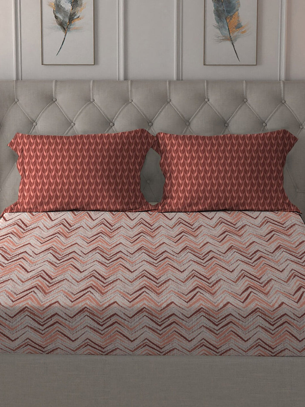 MYTRIDENT Peach Maroon Geometric Pure Cotton 144 TC Queen Bedsheet Pillow Covers | Grocsy