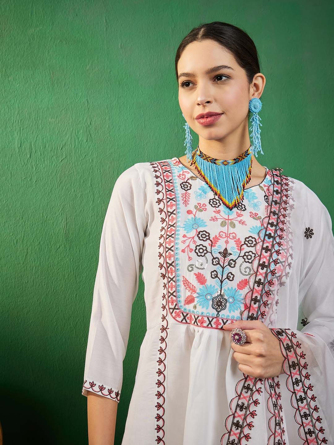 Sangria Off White Embroidered A-Line Kurta With Trouser & Dupatta | Grocsy