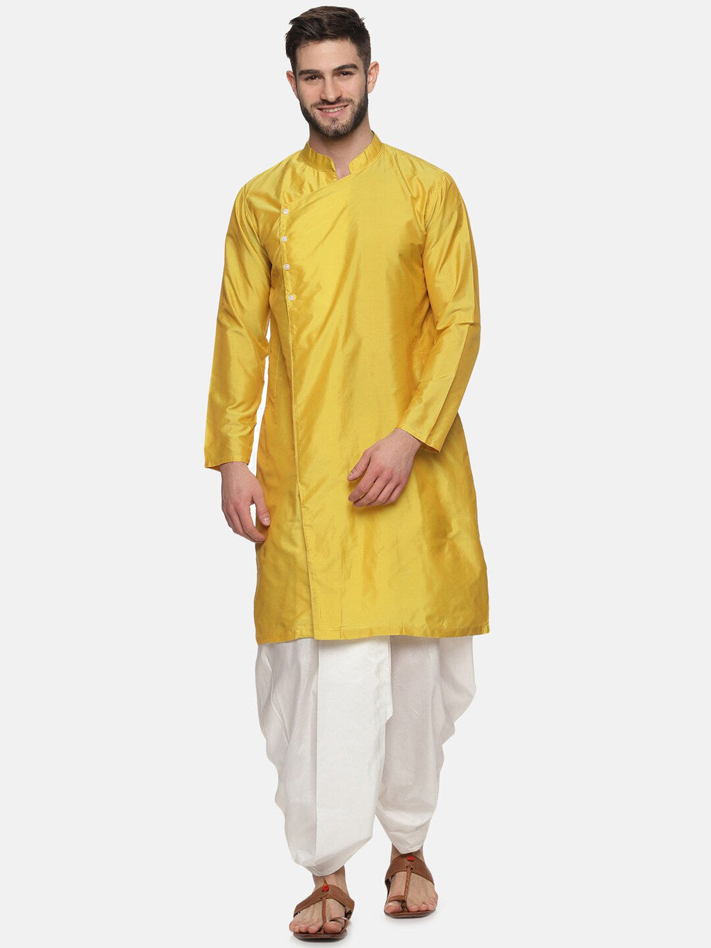 Sethukrishna Men Yellow Angrakha Top with Dhoti Pants | Grocsy