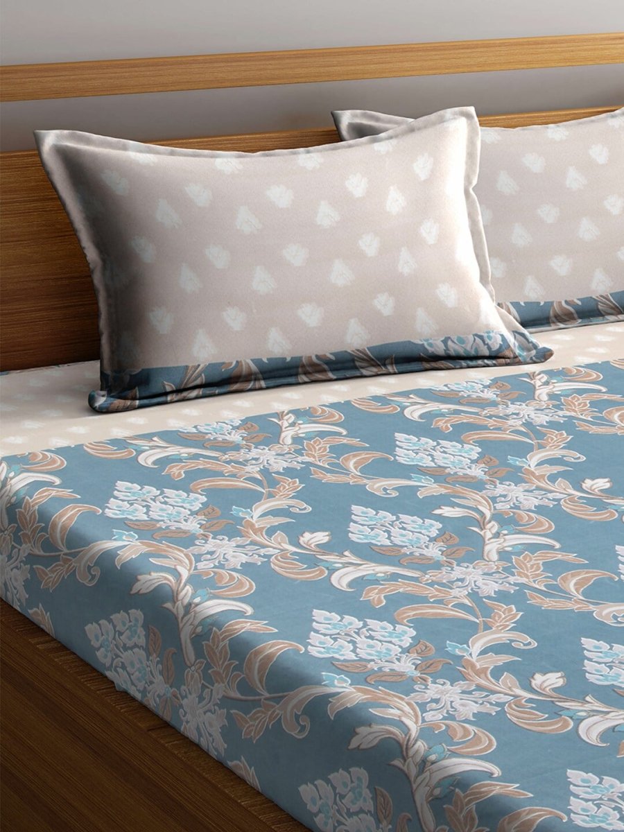 Arrabi Beige & Blue Floral 300 TC Super King Bedsheet With 2 Pillow Covers | Grocsy