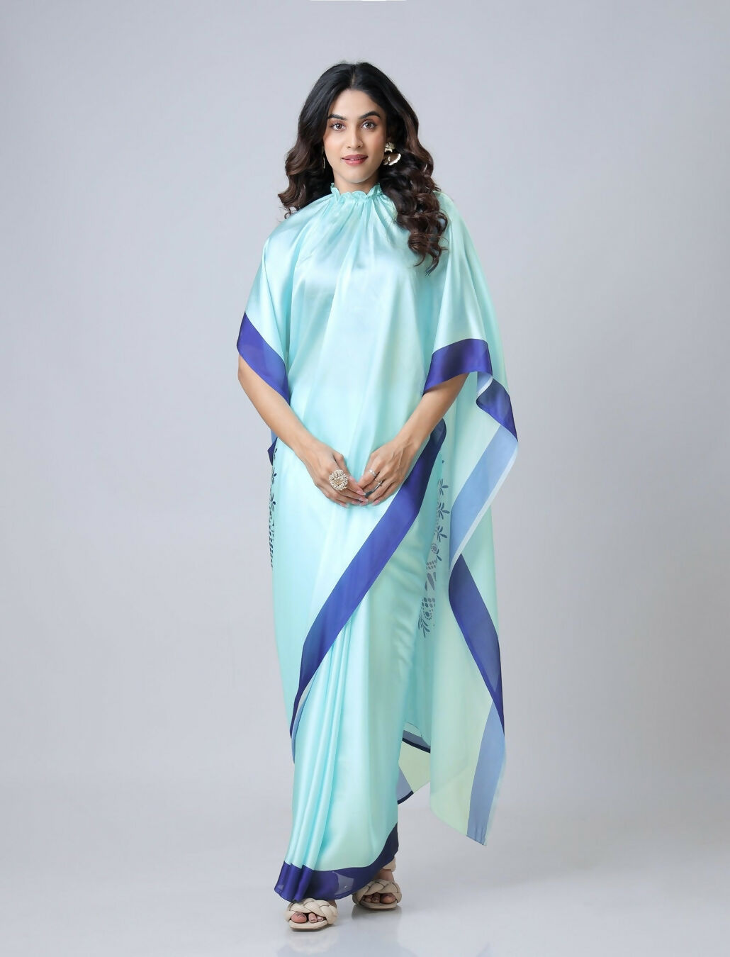 Vastranavya Sky Blue Mandala Print Free Hand Ready to Wear Saree | Grocsy