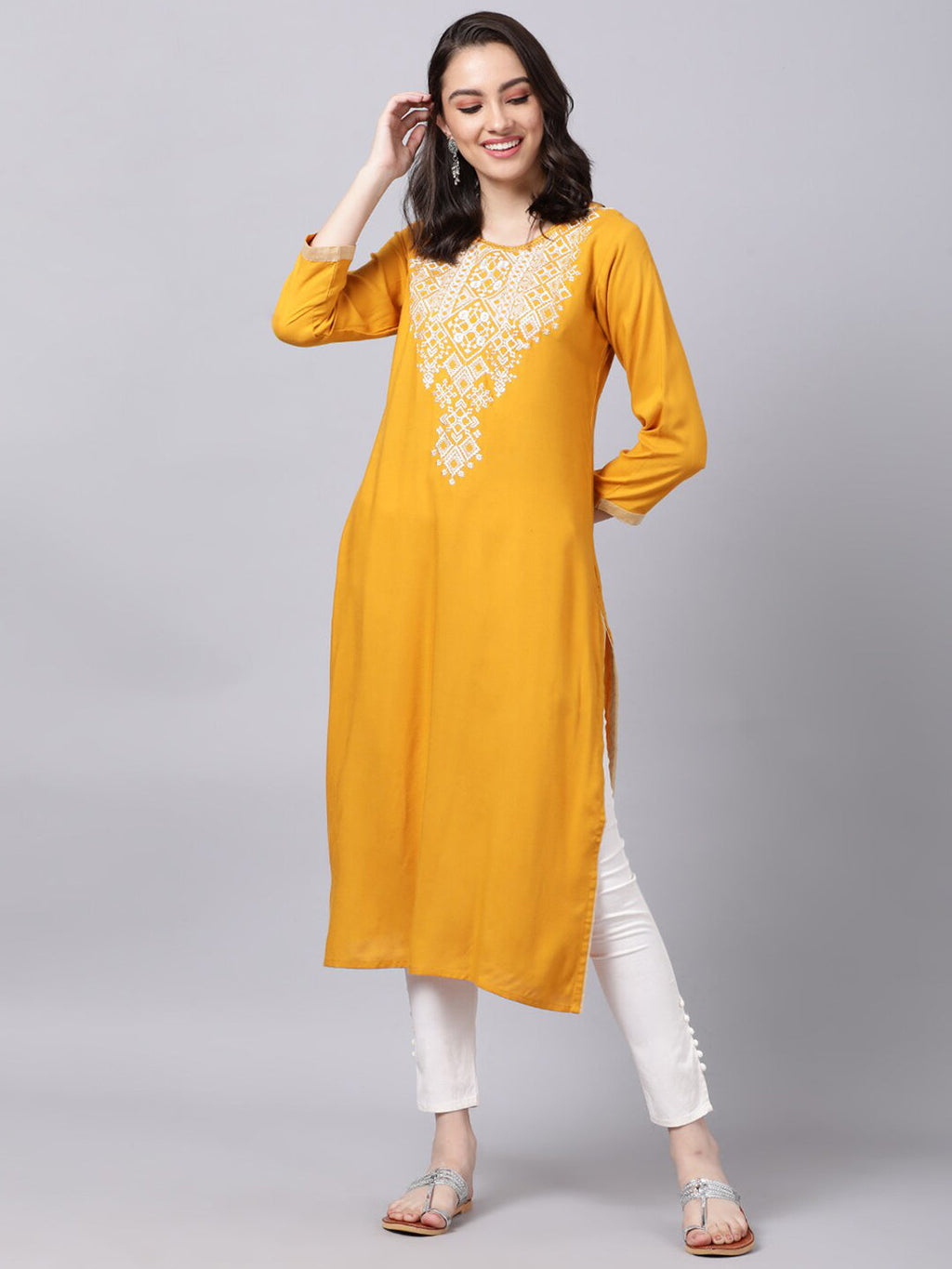 Souchii Women Tan & White Geometric Yoke Design Thread Work Grandeur & Majestic Artwork Kurta | Grocsy