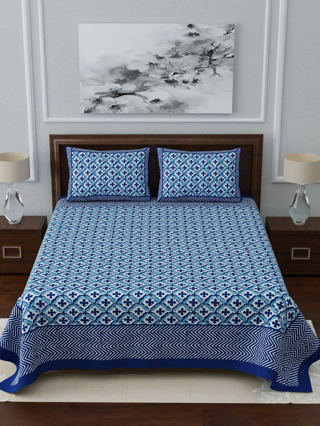 LIVING ROOTS Blue & White Ethnic Motifs 210 TC King Bedsheet With 2 Pillow Covers | Grocsy