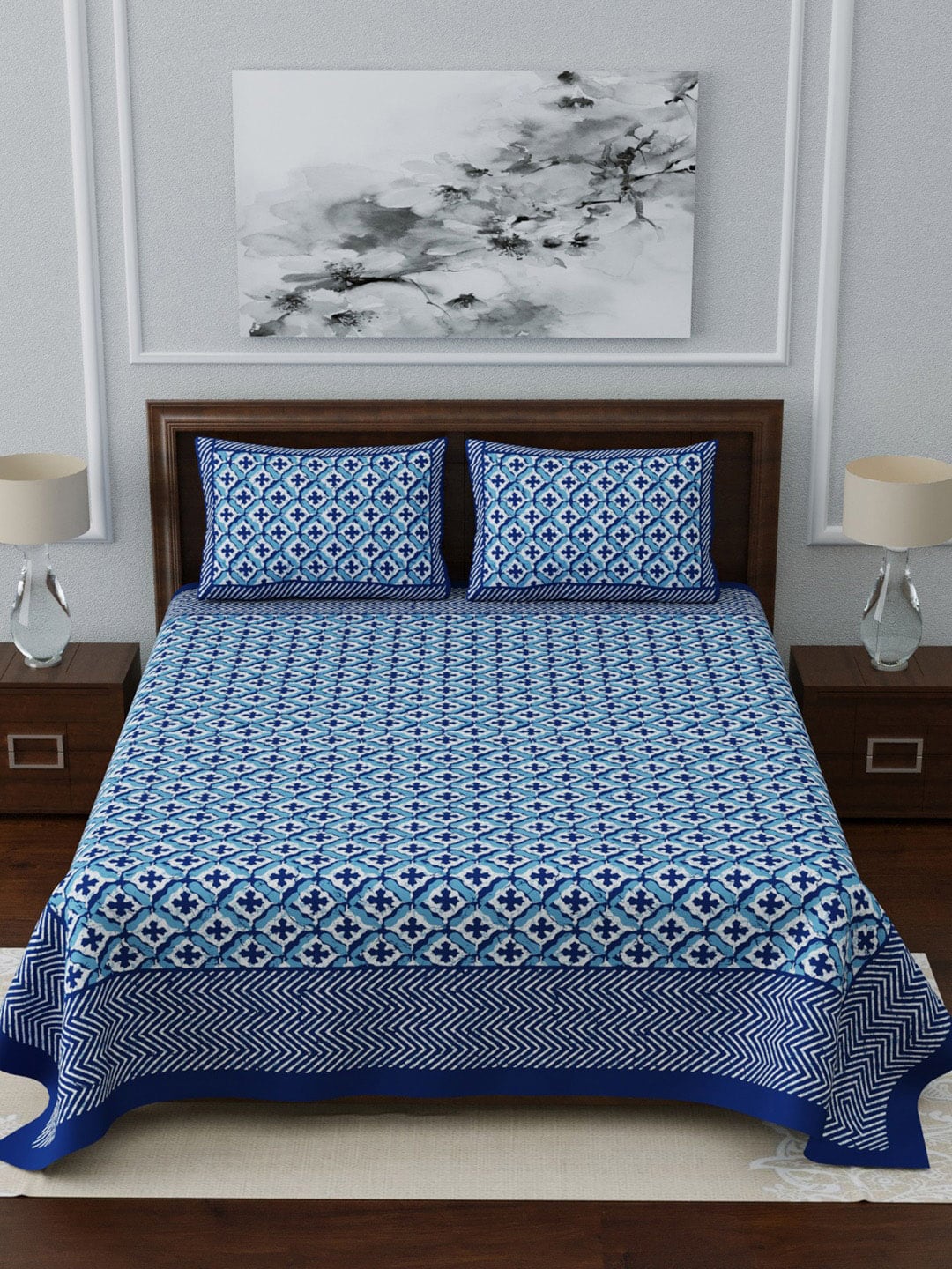 LIVING ROOTS Blue & White Ethnic Motifs 210 TC King Bedsheet With 2 Pillow Covers | Grocsy