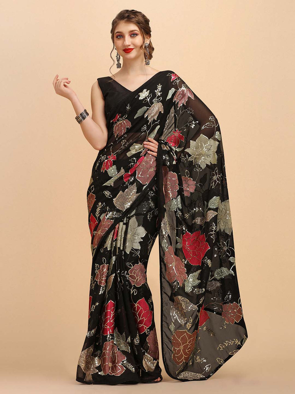 Sangria Black & Red Floral Sequinned Pure Georgette Saree | Grocsy