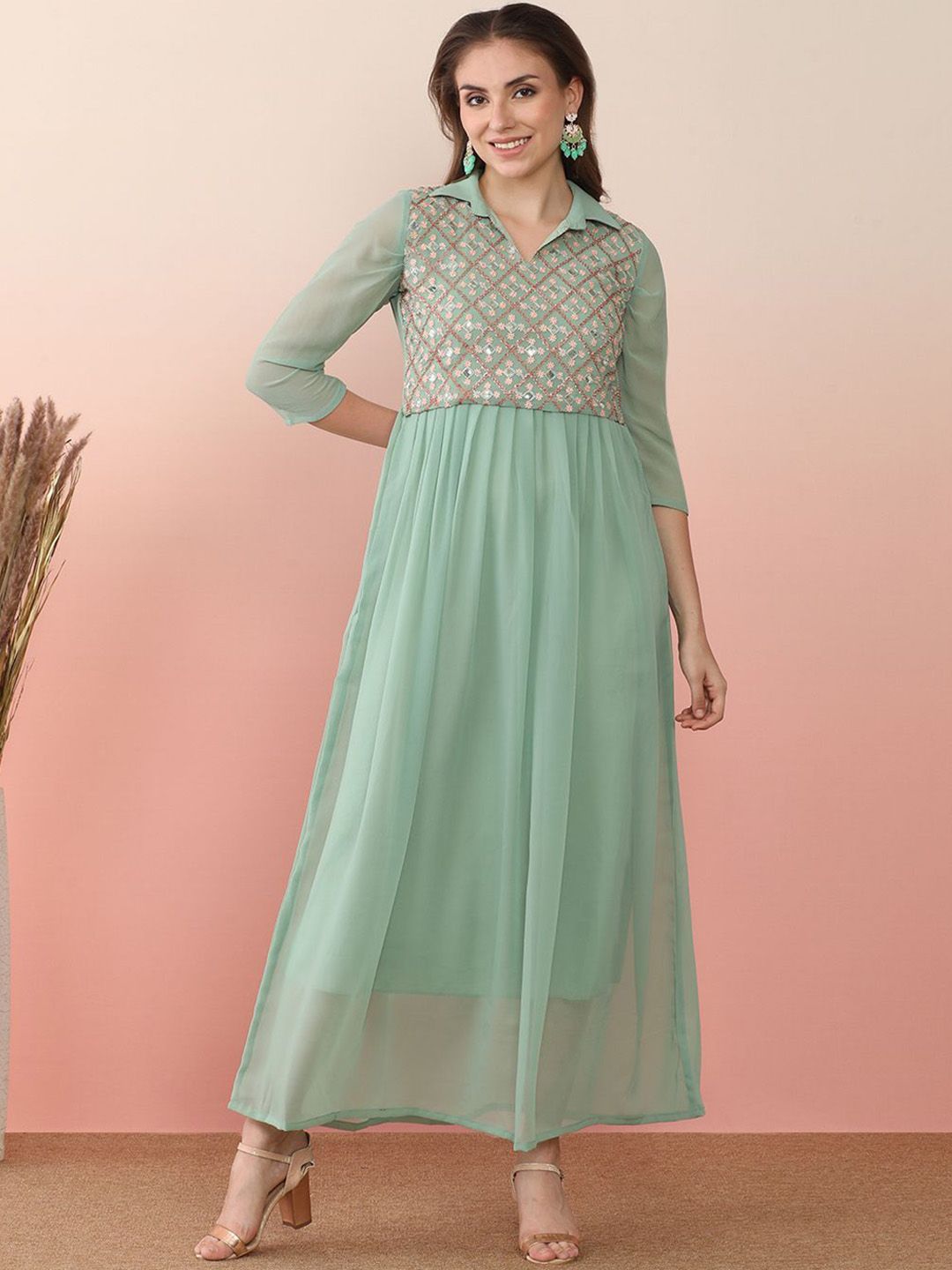 Sangria Sequin Embroidered Flared Anarkali Kurta | Grocsy