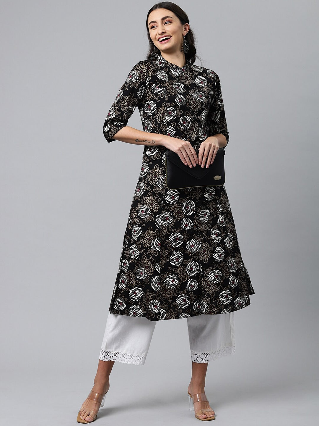 HERE&NOW Mandarin Collar Floral Printed Cotton Kurta | Grocsy